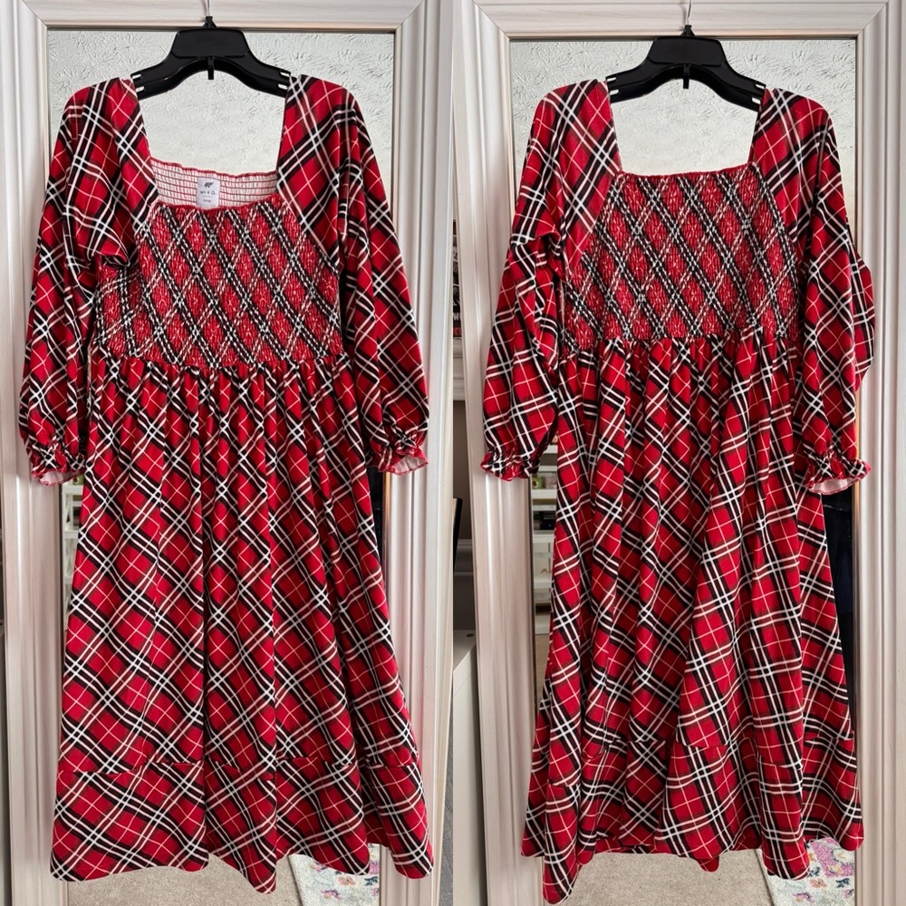 M+A Lounge Red Plaid Long Sleeve Maxi Dress